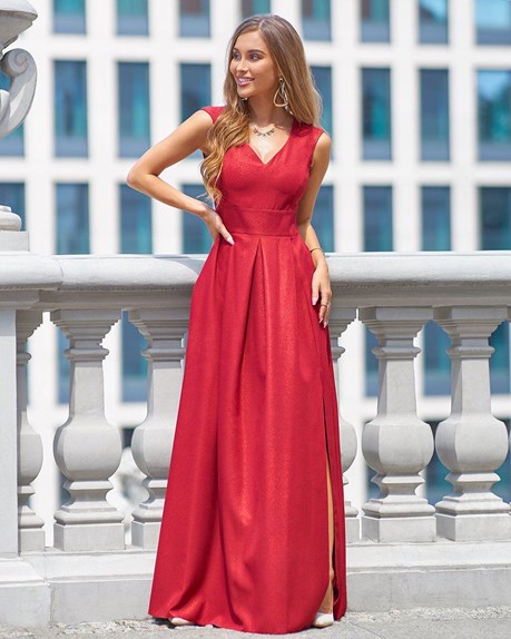 Sukienka długa pas rozcięcie błyszcząca czerwień