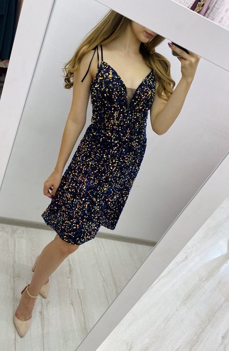 Sukienka krótka na ramiączkach cekiny czerń/granat