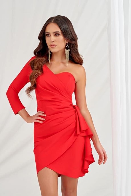Sukienka krótka na jeden rękaw gładka czerwień