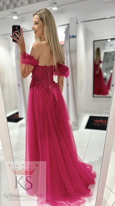 Sukienka długa gorset rękawek tiul fuksja