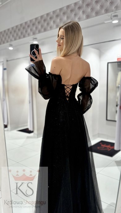 Sukienka długa gorset wiązanie rękawki czerń