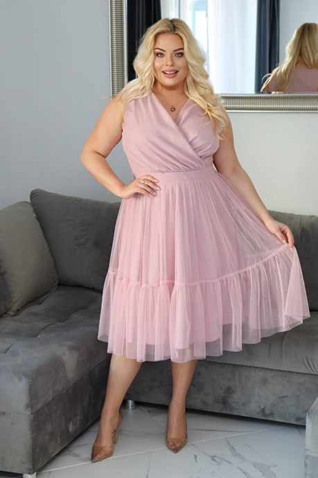 Sukienka midi tiul falbanka pastelowy róż