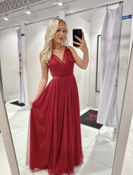 Sukienka długa tiul głęboki dekolt brokat bordo