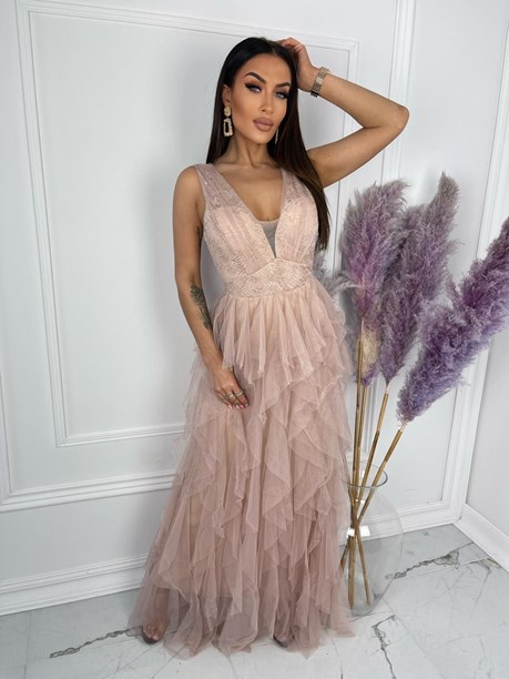 Sukienka długa koronkowy dekolt tiul brąz