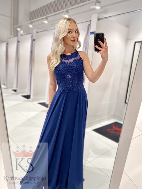 Sukienka długa zdobione plecy granatowy