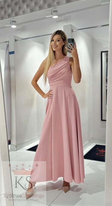 Sukienka długa asymetria wiązanie plecy pudrowy