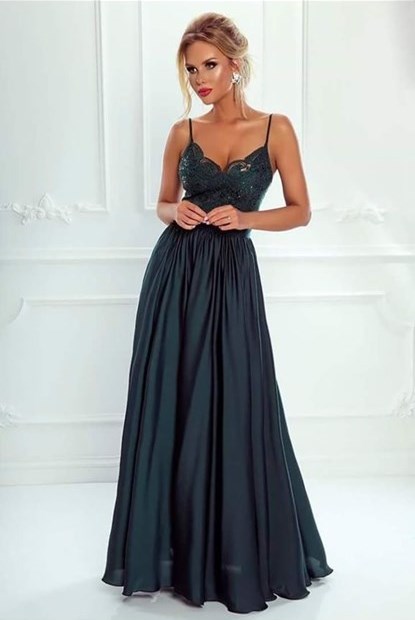 Sukienka długa ramiączka koronka butelka zieleń