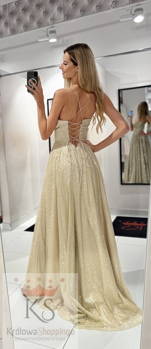 Sukienka długa gorset wiązanie plecy złoto