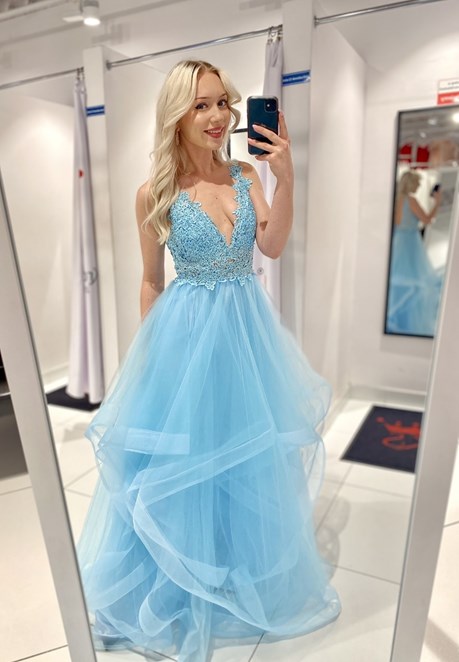 Sukienka długa koronkowa góra tiul błękit