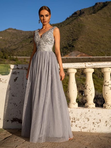 Sukienka długa tiul szerokie ramiączka szary