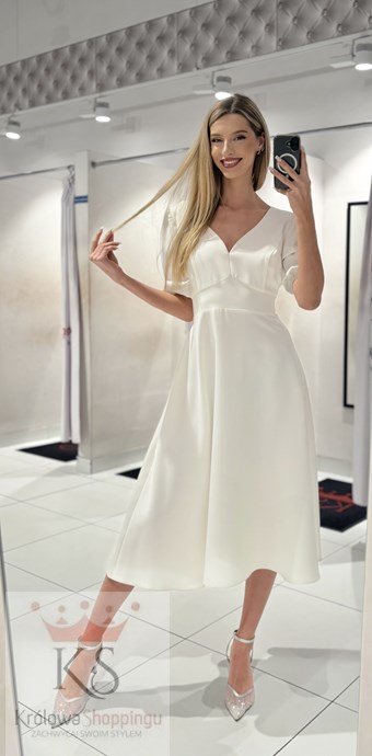 Sukienka midi rękawek 3/4 pas wiązanie biel