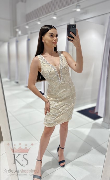 Sukienka krótka perełki cekiny beż/biel