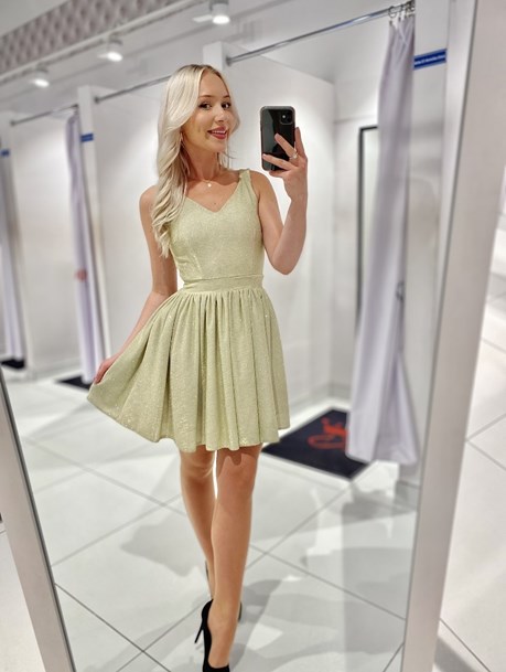 Sukienka krótka rozkloszowana brokatowa złoty