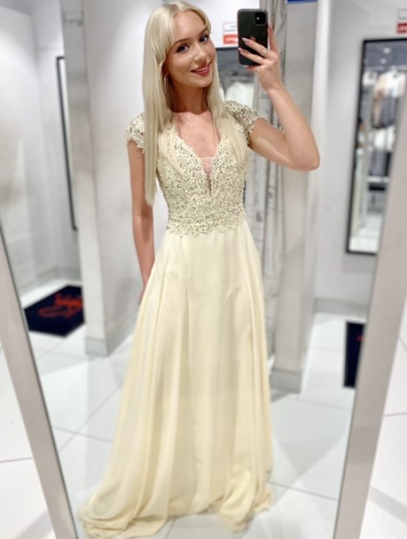 Sukienka długa góra koronka cekiny wanilia