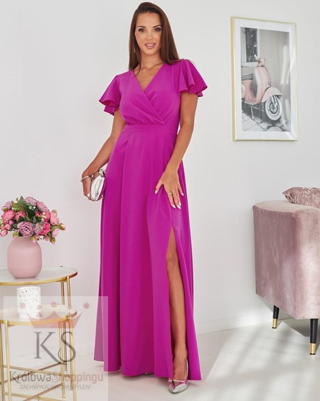 Sukienka długa rękawki dekolt magenta