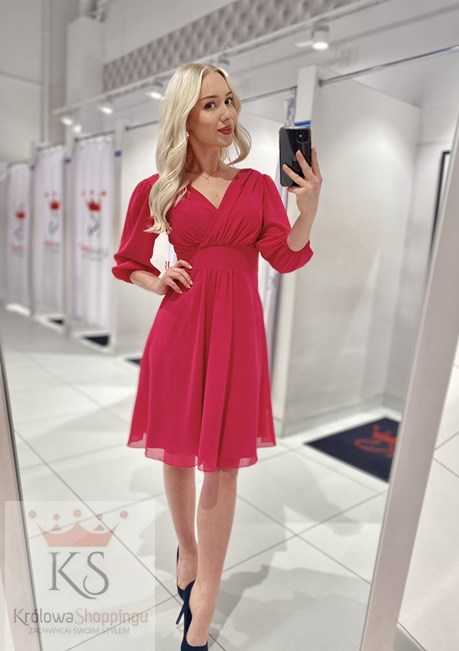 Sukienka krótka rękaw pas malina