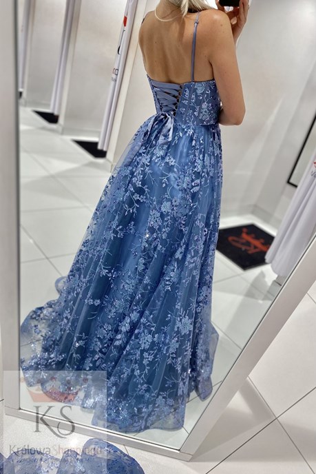 Sukienka długa balowa brokatowe kwiaty jeans