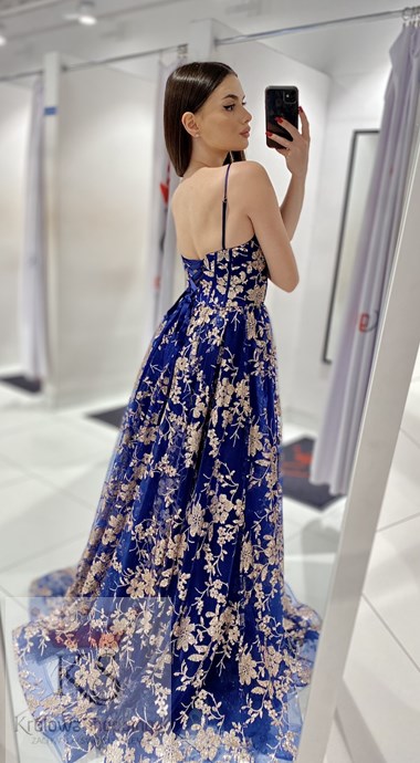 Sukienka długa balowa brokatowe kwiat granat/złoto