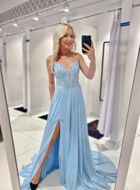 Sukienka długa gorsetowy tył zdobienia błękit