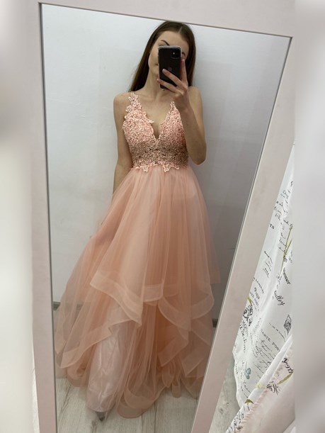 Sukienka długa koronkowa góra tiul brzoskwiniowy