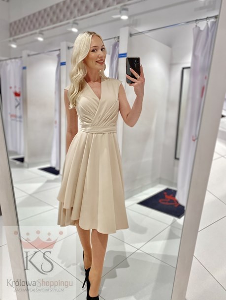 Sukienka midi szerokie ramiączka falbana jasny beż