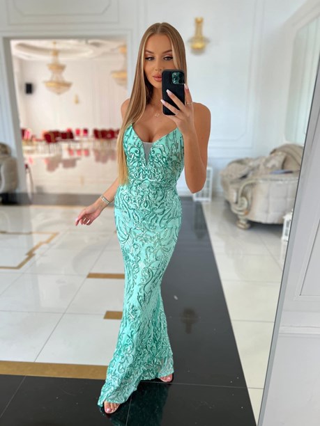 Sukienka długa ramiączka cekin siatka zieleń