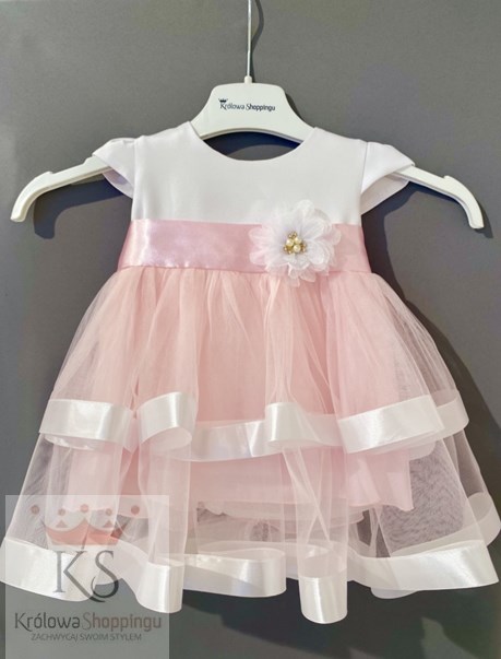 Sukienka dziecięca falbanki tiul kwiat biel/róż