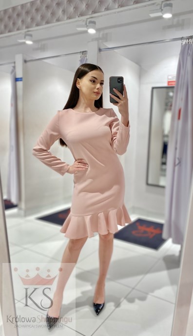 Sukienka krótka rękaw falbanka pudrowy róż