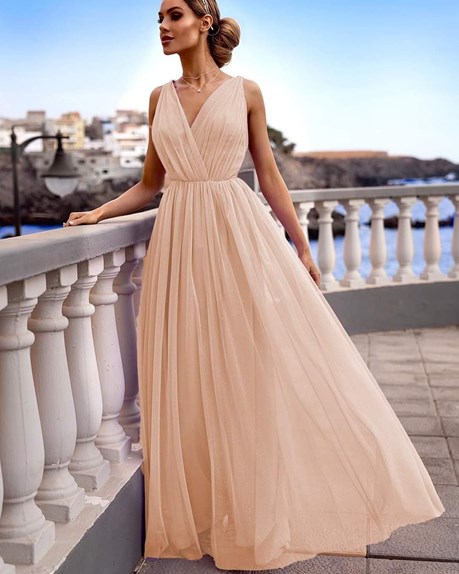 Sukienka długa tiul głęboki dekolt brokat wanilia