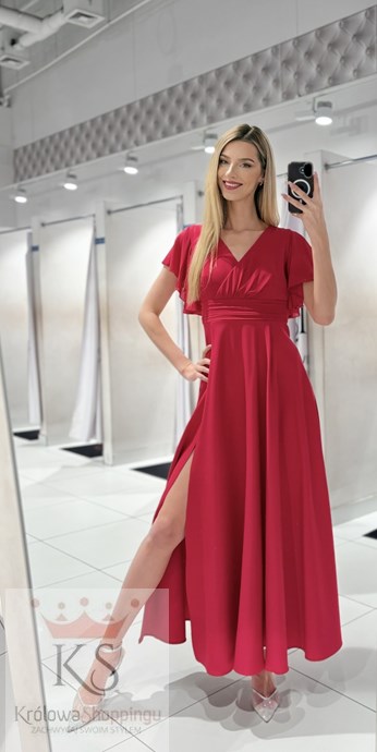 Sukienka długa pas rękawek malina