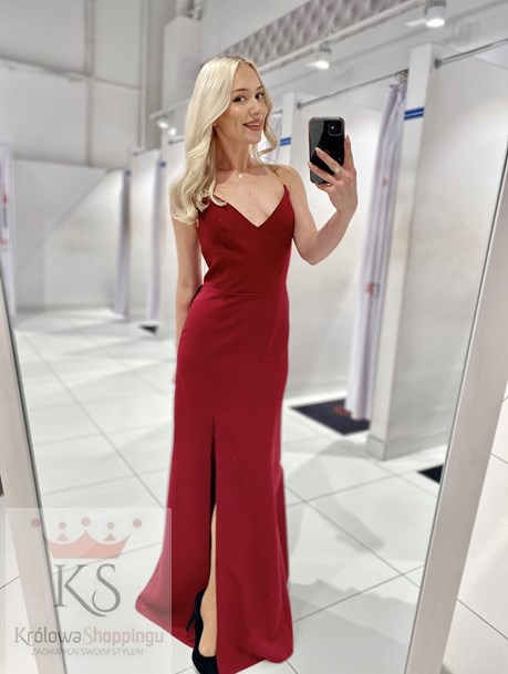 Sukienka długa dopasowana z ogonkiem bordo