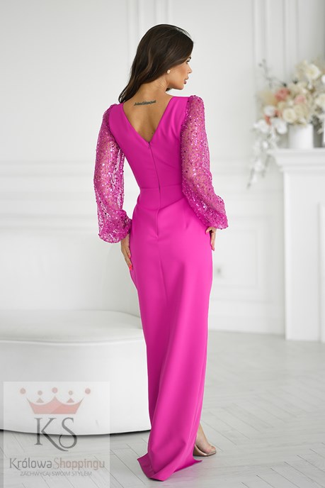 Sukienka długa ozdobne rękawy fuksja