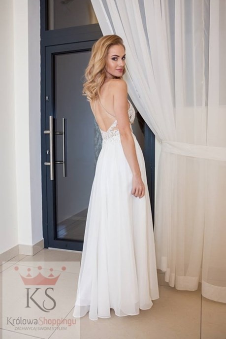 Sukienka długa ramiączka na krzyż ecru