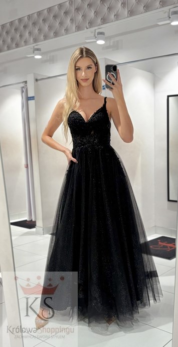 Sukienka długa tiul brokat koronka wiązanie czerń
