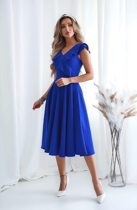 Sukienka midi rękawek falbana na dekolcie chaber