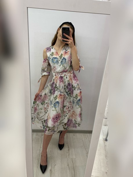 Sukienka midi falbanka rękaw 3/4 zielone kwiaty