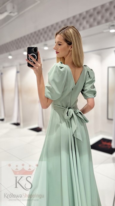 Sukienka długa 3/4 rękawek wiązanie plecy szałwia