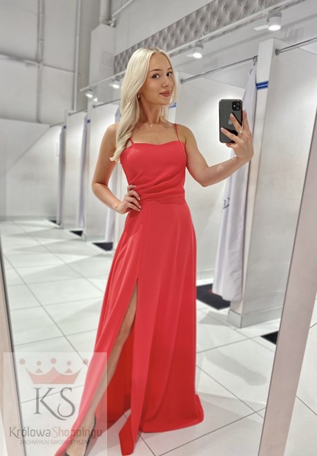 Sukienka długa wiązanie plecy gładka koral