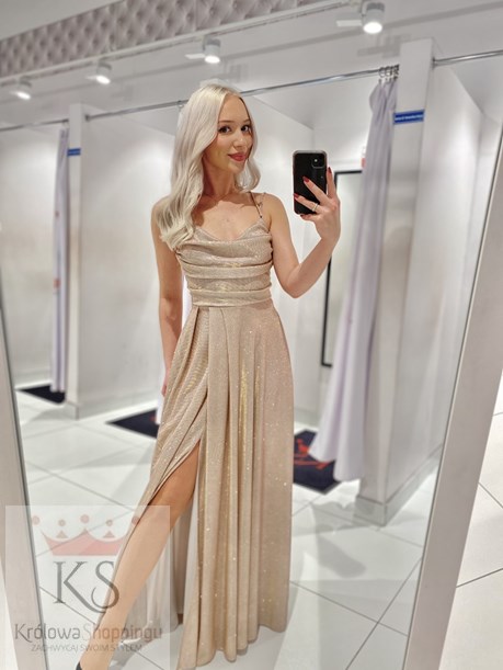 Sukienka długa wiązanie plecy brokat złoto