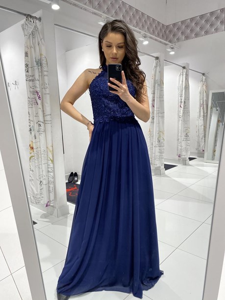 Sukienka długa zabudowana pod szyję granat