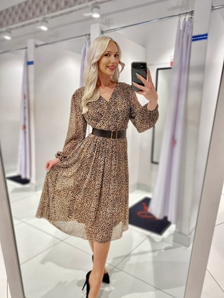 Sukienka midi rękaw pasek zwiewna panterka brąz