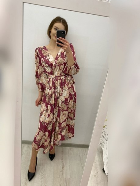 Sukienka midi kwiaty rękaw przepasana fiolet/beż