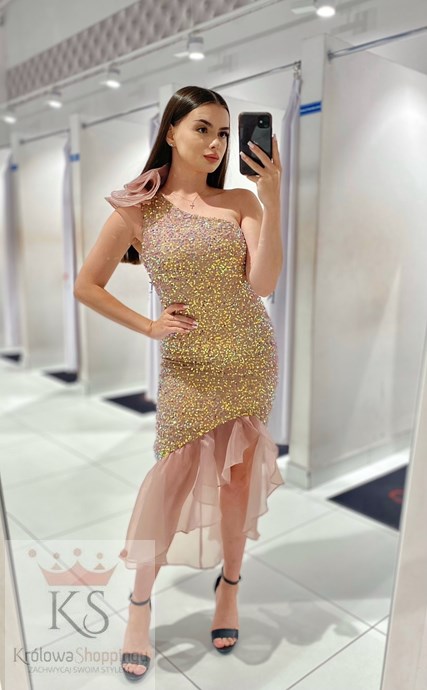 Sukienka midi cekiny dodatek falban holo beż