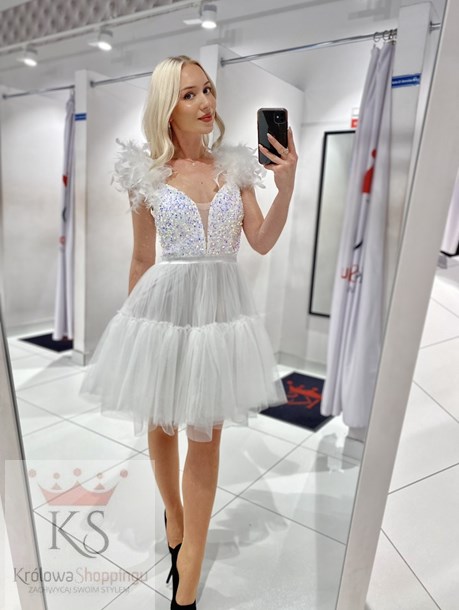 Sukienka krótka cekinowa góra pióra tiul biel