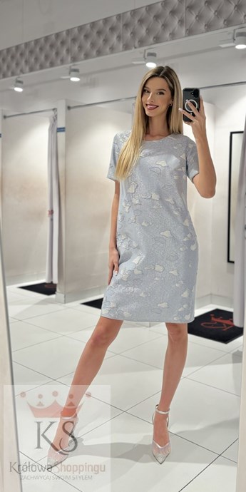Sukienka krótka rękawek połysk srebro/biel