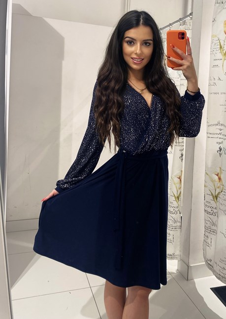 Sukienka krótka rękaw pasek góra brokat granat