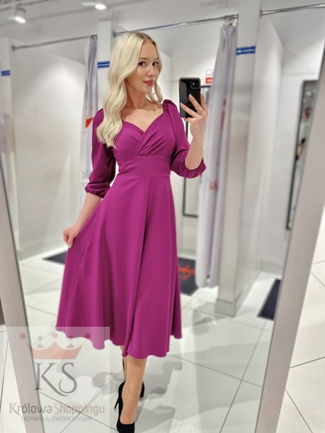 Sukienka midi rękawek 3/4 pas śliwka