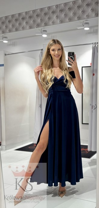 Sukienka długa opadające ramiona gładka granat