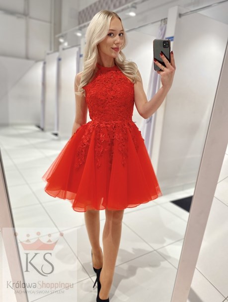 Sukienka krótka tiul koronka wiązanie czerwień