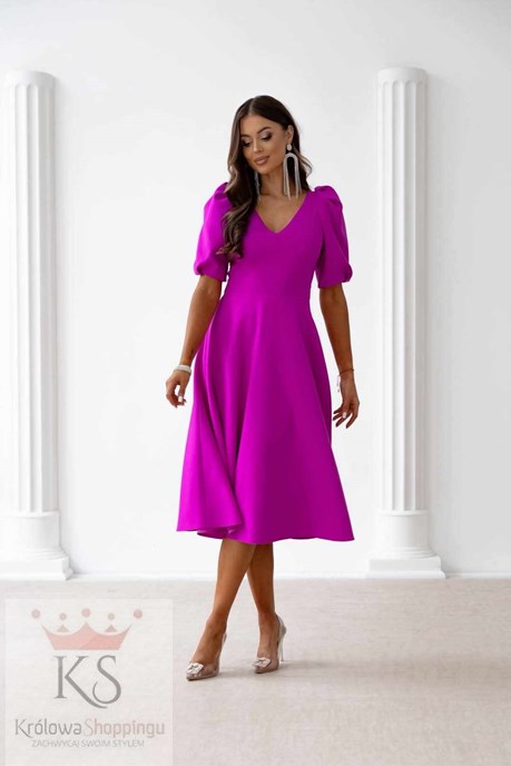 Sukienka midi rękawek dekolt V wiązanie fuksja